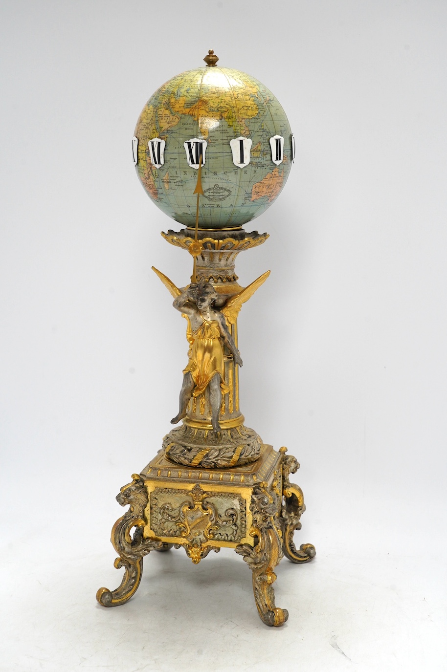 A late 19th century German Columbus Erdglobus globe timepiece, 49cm high. Condition - fair